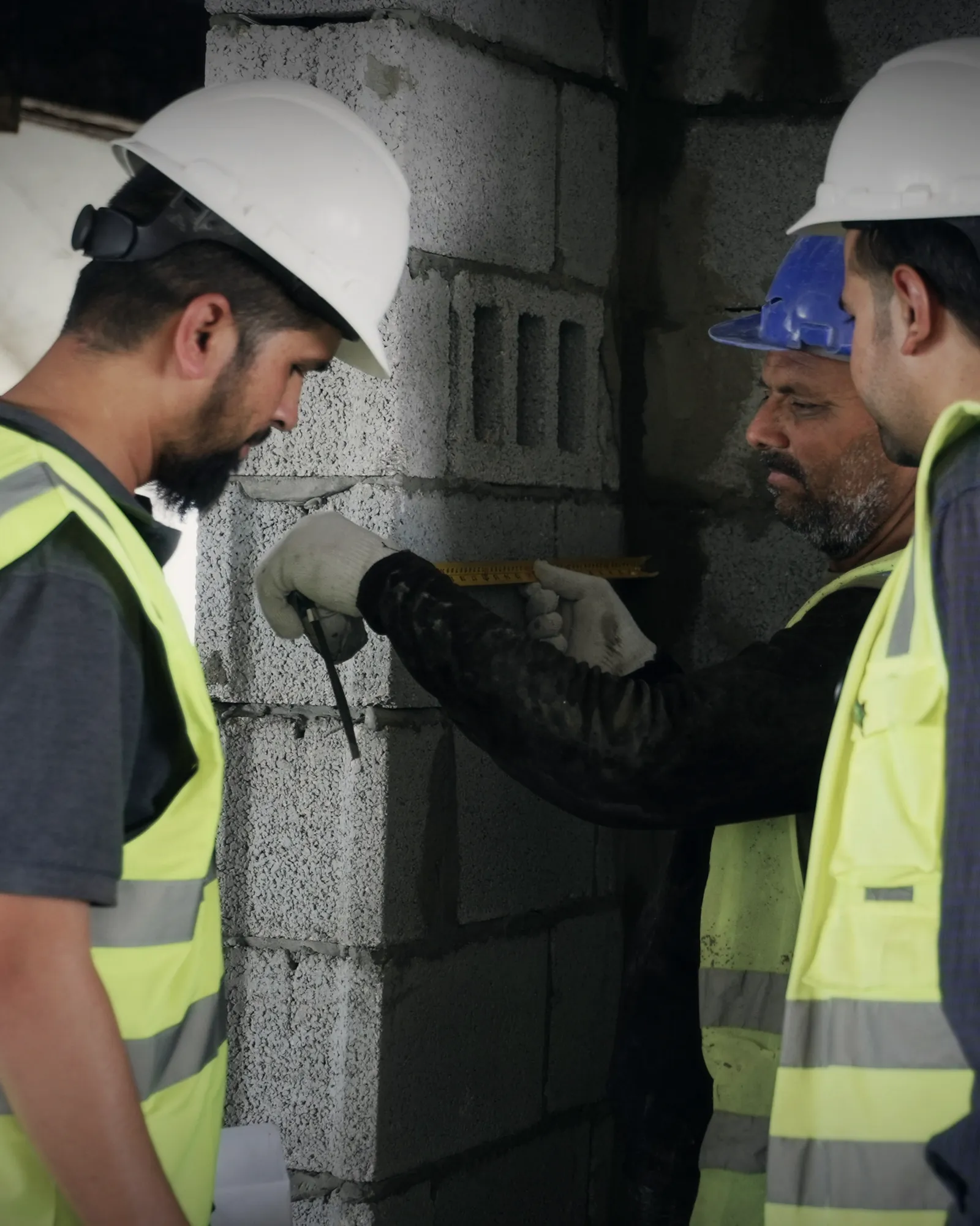 A crew in hard hats and high-visibility vests setting out a block wall