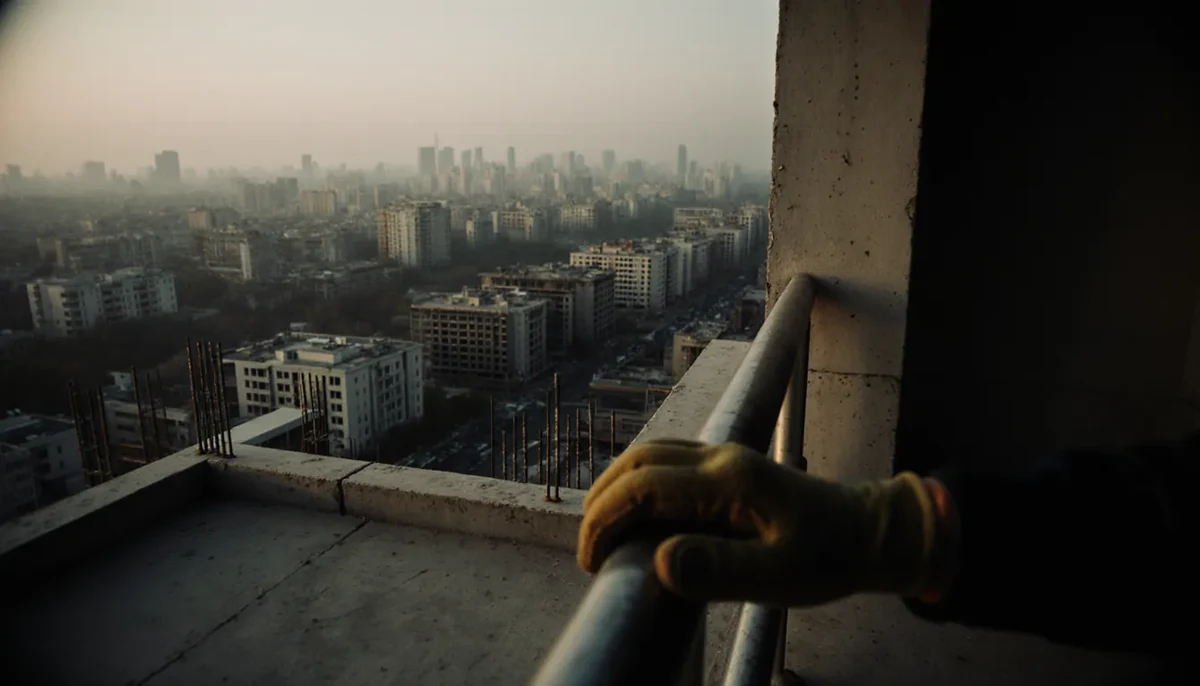 Seen through the glasses: a gloved hand on the guardrail at an open slab edge on level 7