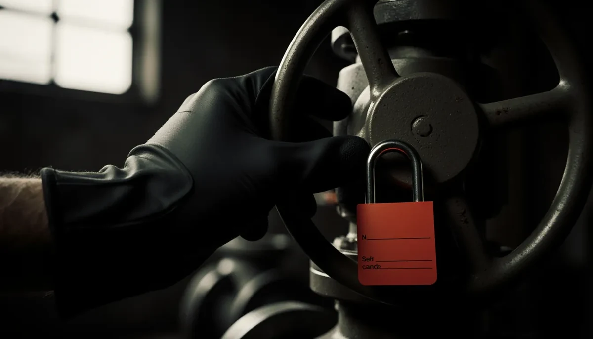 Seen through the glasses: a red lock on valve V-12B behind the pump