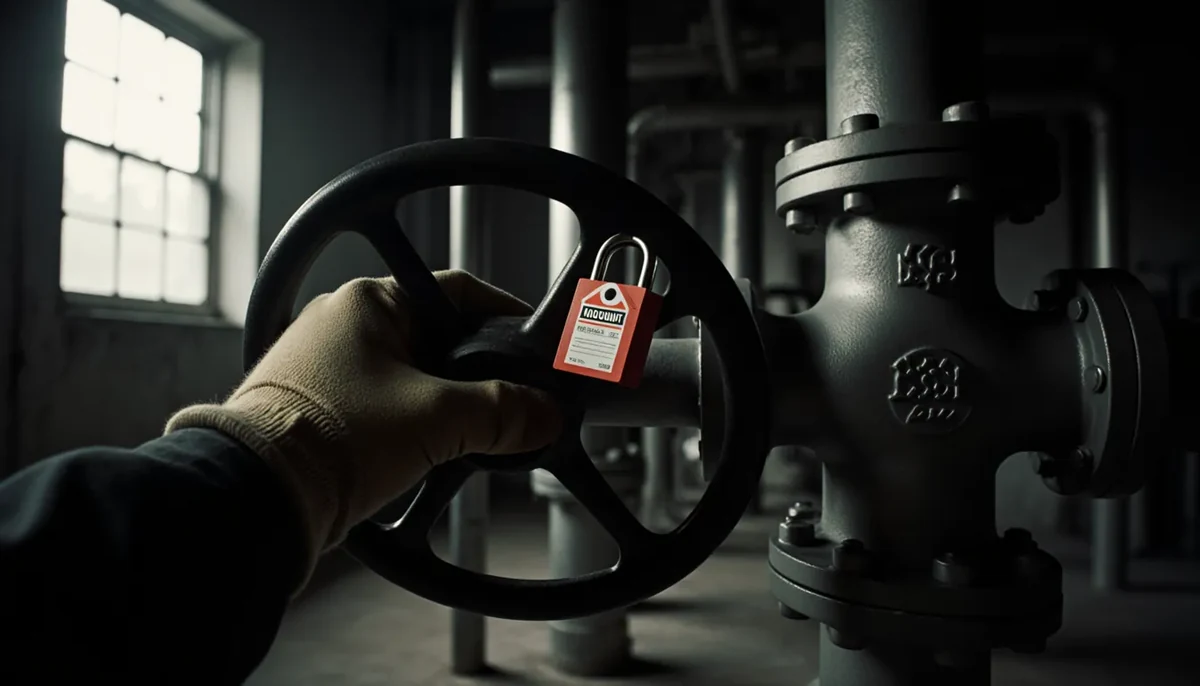 Seen through the glasses: a gloved hand on a valve handwheel with a lock and tag, in a pump room